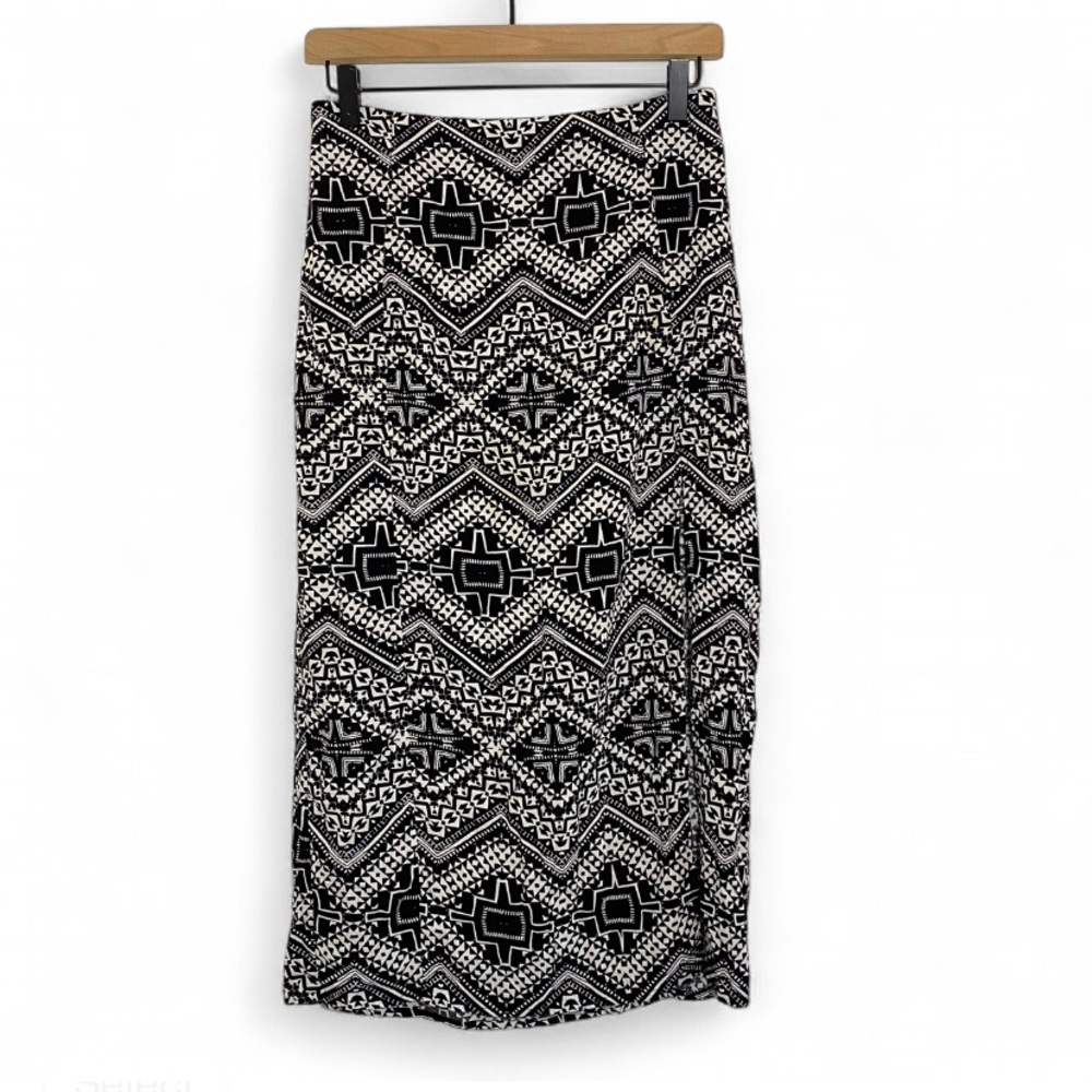 Express Women’s S Black White Geo Print Slit Midi Skirt Y2k Flowy
